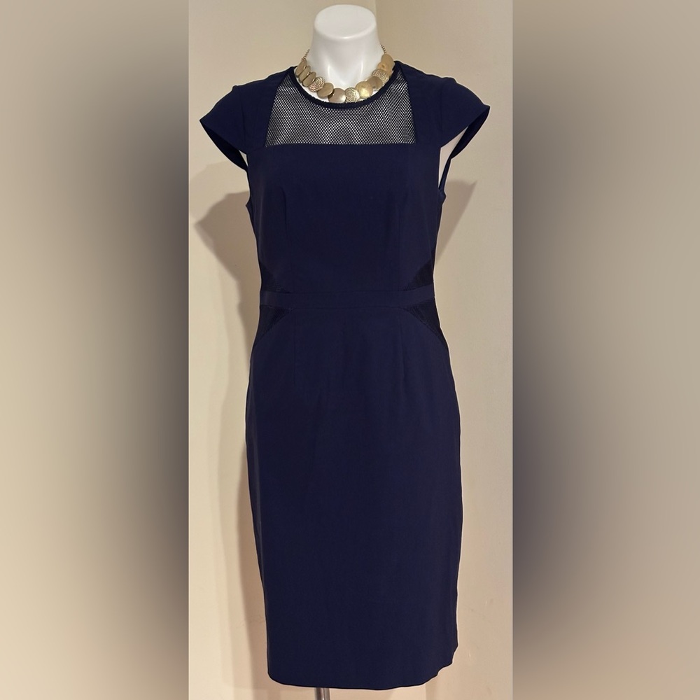 BLACK SAKS FITH AVANUE Blue Sheath Dress Square Neck Cap Sleeve Net Bodice Sz 10 - Picture 4 of 16